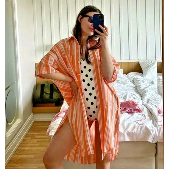 Lemlem x H&M Tunic Oversized Kaftan Shirt Dress Size M/L Striped Orange Beach - Picture 4 of 16